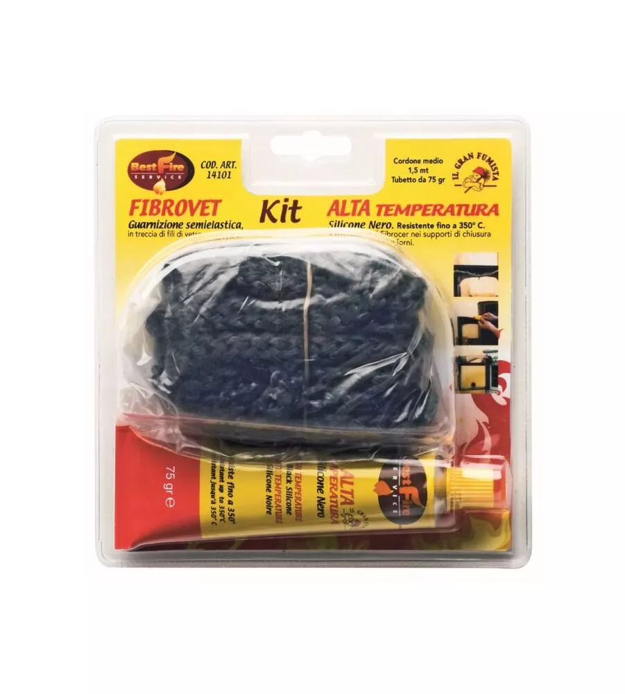 Guarnizione in fibra di vetro best fire "kit fibrovet" con corda 1,5 mt, diametro 6 mm e tubetto silicone nero da 75 gr